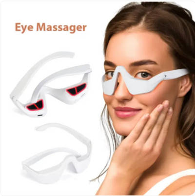 Woman using a red light therapy eye massager mask to reduce puffiness